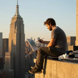 a guy sitting on top of a new york building during golden hour, close up, painting