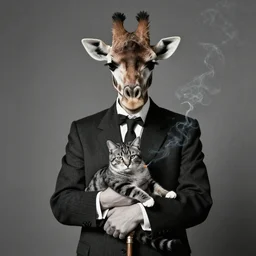 photographic portrait sad max ernst giraffe feathers, wearing a suit, with a cane, holding a cat, cigarette smoke, editorial