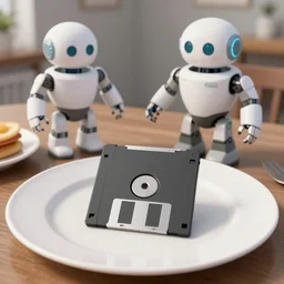 a floppy disk in a plate being served to a robot for breakfast, unreal engine