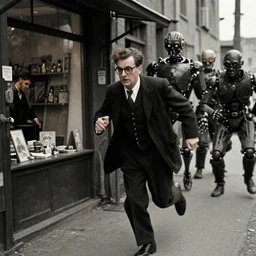 film still from the lost german expressionist film'we are beneath all of you'( 1 9 3 1 ) featuring the bespectacled shopkeeper chased down the street by mysterious mechanical men, filmed in the style of the cabinet of dr caligari, film grain high contrast expressionistic sets, remastered shocking detail trending on artstation 8 k