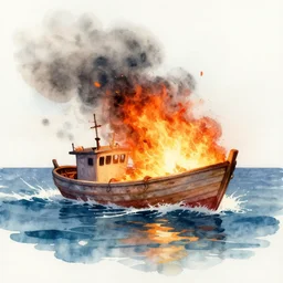 A watercolor painting of a boat burning in the ocean, trending on artstation, digital painting.