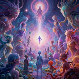 a psychedelic realm at the edge of existence where intensely creative astral beings exist, attempt to break into the human reality, in the style of wlop, illustration, epic, fantasy, hyper detailed, smooth, blender eevee, sharp focus, ray tracing