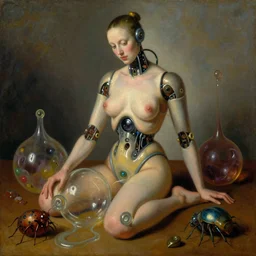 strange seductive futuristic robot body, enticing colorful oil painting dutch golden age vanitas longing sensual still life sparse composition with bulbous objects strange gooey transparent surfaces shiny metal reflections bizarre mutant meat insects rachel ruysch dali todd schorr very detailed perfect composition rule of thirds masterpiece canon 5 0 mm, cinematic lighting, photography, retro, film, kodachrome