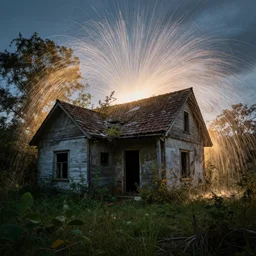 specs of flowing light surround and swarm an abandoned overgrown cottage