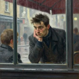 irresistible man staring through a window, rainy day cafe painting by gaston bussiere, craig mullins, j. c. leyendecker