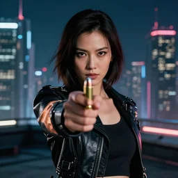 photographic portrait of a techwear woman holding a bullet up to the camera, closeup, on the rooftop of a futuristic city at night, sigma 85mm f/1.4, 4k, depth of field, high resolution, full color, award winning photography, inspired by Kill Bill, inspired by John Wick, inspired by Die Hard, movies with guns, movie firearms