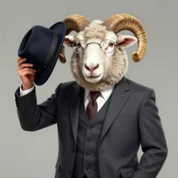 a portrait of a male sheep, a gentleman, sheep wearing a suit, a glasses, hold a hat, artstation