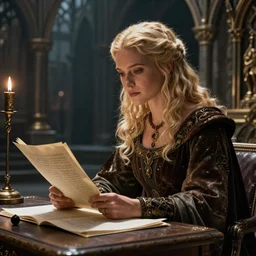 female scribe, blond hair, tanned, beautiful, stunning, detailled, by luis royo, by pixar, by myazaki, game of thrones, gothic, final fantasy, fantasy, medieval