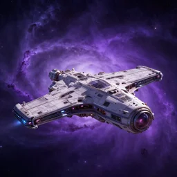 a futuristic spaceship in space, purple nebulas, very beautiful, hd wallpaper, artstation, high quality, detailed, by greg rutkowski, by artgerm