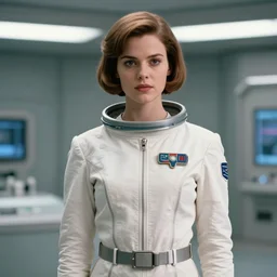 a movie still medium shot l portrait of a young beautiful white female space cadet in uniform, retro futurism fashion, 4 k, 5 0 mm,