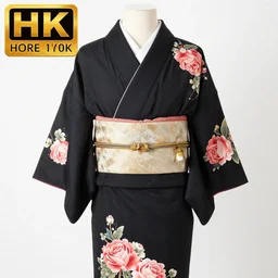 A black kimono with printed roses, photo studio, professional photo, well detailed, lighting, 8k, commercial photo