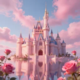 roses, castles, pink clouds floating in the sky,, artstation, dslr, ray tracing reflections
