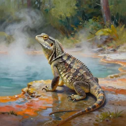 highly detailed oil painting of a reptile sitting in a steaming colorful hotspring with woodland forest backdrop, featured on artstation