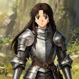 a rustic woman wearing medieval armor, long hair, by yusuke murata