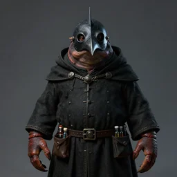 a portrait, a chubby amphibious humanoid wearing a pointy bird style black plague doctor mask, short in stature, wearing black medieval robes, medical doctor, small vials and pouches attached to belt, pointy mask, lobster hands, style by donato giancola, wayne reynolds, jeff easley dramatic light, high detail, cinematic lighting, artstation, dungeons and dragons