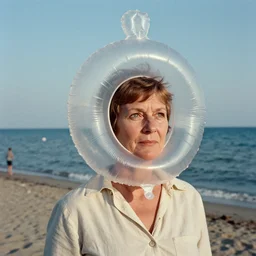 1976 middle aged woman wearing a transluscent inflatable toy head at the seaside 1976 French film archival footage technicolor film expired film 16mm Fellini new wave John Waters