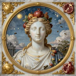 MARBLE, intricate, majestic, baroque ,sistina, saint Woman, Venus godness Athena, beautiful, gracious, pagans, marble and gold, space, stars, clouds, sun, greeks, coerent face, fruits, bioluminescent skin, Sky, Skies, bees, pomegranade, by annie leibovitz