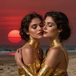woman love woman, sweet hugs, gold trim, atmoshperic, elegant, sharp focus, sand sea, red sun, huge lips, by n i x e u. artstation, intricate details