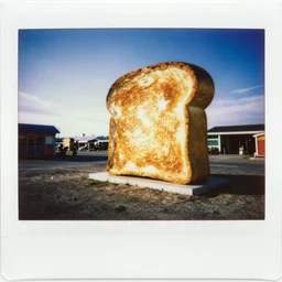 instax polaroid film photo of the world's largest slice of toast roadside attraction, kitschy tourist trap, nostalgia, faded glow, expired film analog photography