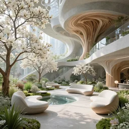 highly detailed biophilic city garden natural beautiful light interior soft cinematic composition of a granite concrete wood nebula fluid white magnolias surreal scifi futuristic architecture cyberpunk landscape, furniture, trees, grass, flowers, water, vincent callebaut composition, 8 k, unreal engine, hdr