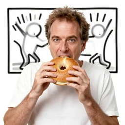 larry david eating a bagel line drawing by keith haring. hyper - realistic, 8 k, hd