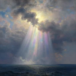 the sky splits in half and iridescent glory rains down from the heavens. in the style of aivazovsky