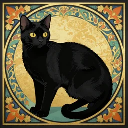 a black cat in the style of art nouveau with vibrant colour
