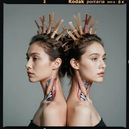 kodak portra, 8 k, shintaro kago, studio light, fashion photography portrait, symmetrical, woman with head splitting in two showing exploded view anatomy, head neck and shoulders, conjoined twin