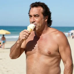 hairy danny devito eating an icecream at the beach, sunny, sexy, hot