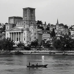 a man on a small boat on a river with vertical high ancient city backround, b & w, flares, vertical neoclassical architecture, ancient high buildings, vertical classical temples
