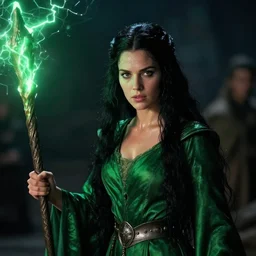 epic photo of young jessica biel as beautiful medieval sorceress with very long black hair wearing a green satin robe and metal belt, battle scene, holding her wizard staff electricity emanating from it, sweaty, neutral expression, perfect likeness, low contrast, shallow depth of field, photorealistic, cinematic lighting, lovely bokeh, night time, dark, movie quality, green glow from the left, kodak film stock, anamorphic lenses 3 5 mm, flash gordon 1 9 8 0