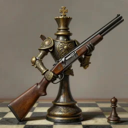 Chess king figure holding a shotgun, fantasy, intricate, highly detailed, digital painting, trending on artstation, sharp focus, illustration, style of Stanley Artgerm and Dan Mumford