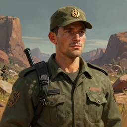 A comic book style portrait painting of a male ranger, unreal 5, DAZ, hyperrealistic, octane render, wastelander, dynamic lighting