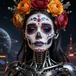 beautiful crying! female mechanical android!, half portrait, intricate detailed environment, photorealistic!, octane render, concept art, cinematic, interstellar, ultra detailed, sharp, el dia los muertos!, cyberpunk, bladerunner, 8 k, by angus mckie, moebius, maciej kuciara, stanley lau, artgerm, greg rutkowski