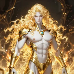 the latest blond male beefcake by Sakimichan, porcelain white skin, gilded obsidian cyberpunk bodysuit, voluptuous male, long curly light blond hair, extremely pale white skin and long fluffy blond curly hair, wreathed in scintillating radiance flames of war, hyper detailed background, 4K, artstation