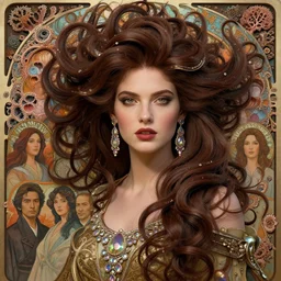 song of the hurricane, detailed caucasian beauty portrait, chocolate, opulent swirling hair, iridescent jewellery, organic background, art by wlop, peter morebacher, greg rutkowski, craig mullins, ruan jia, thomas kinkade, victor ngai, ernst haeckel, alphonse mucha, unreal engine, blender, octane, ray tracing. fractal coral, sharp focus