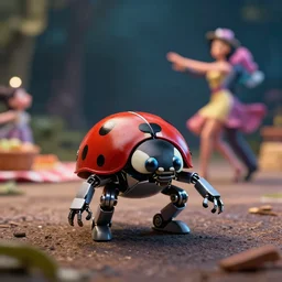 ground level shot of a ladybug on a robotic ( my little pony ). the ladybug has hands and legs. there's also someone doing polka dancing in the background. maybe a picnic? professional, high quality, dramatic lighting, dof, bokeh, action