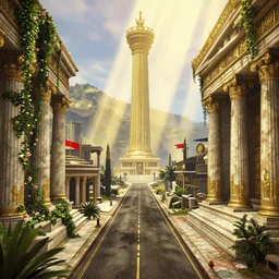 azimuth matte painting of a road of Atlantis town in the hill grec greeble temple olymp glory in sun shaft zeus tower statue pantheon ivy plant grow flower in marble gold incrusted of legends adn red flag dynasty by Frank Lloyd Wright and Zaha Hadid stylized 3d volume depth light, masterpiece, artstation, cgsociety, kodakchrome, golden ratio hdr tone gta5 cover overlay