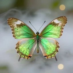 macro photography of a green and gold butterfly, bokeh, glowing fog, trending on artstation