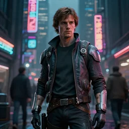 marty mcfly wearing a futuristic outfit in a cyberpunk city, neon signs, futuristic, realistic, 8 k, extremely detailed, cgi, trending on artstation, hyper - realistic render, 4 k hd wallpaper, premium prints available, by greg rutkowski, esuthio, craig mullins, dystopian scifi gear, gloomy