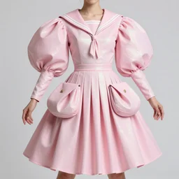 designer figure collection ball shaped accordion sleeve haute couture, sailor uniform, midi skirt, coat pleats, synthetic curves striking pose, dynamic folds, cute huge fold pockets with hardware, volume flutter, youthful, modeled by modern designer bust, body fit, award fashion, petal pink stardust gradient scheme, light holographic tones, expert composition, high detail, professional retouch, editorial photography