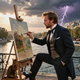 mcgregor is dressed as a gentleman at early 2 0 th century paris. he is watching an easel. that easel has a canvas on it. ewan mcgregor has a brush on his hand. he is painting a painting. there is a brown cat with yellow eyes on ewan mcgregors feet. on background has river seine, morning sun, dark clouds, lightning, by jack kirby