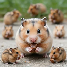 detailed photo of a hamster eating a kebab, outdoors, various poses, full body, unedited, daylight, 8 k