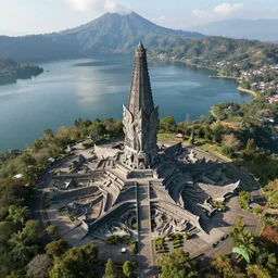 digital concept art,aerial drone wide view of Garuda Wisnu Kencana monument in the middle of Lake Batur by Bernhard Edmaier,structural geology,geomorphology,photorealistic,hq,realistic,unreal engine,8k