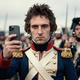 napoleon bonaparte taking a selfie at the battle of austerlitz, symmetrical face, ultra realistic, iphone camera