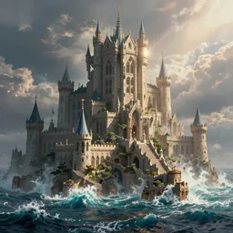 an epic fantastic realism painting of a castle city being devoured by the ocean, 8 k, ultra realistic, lens flare, atmosphere, glow, detailed, intricate, full of colour, cinematic lighting, trending on artstation, 4 k, hyperrealistic, focused, extreme details, unreal engine 5, cinematic, masterpiece