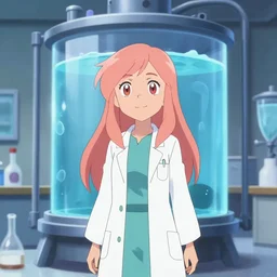 British Pokemon original character with peach colored hair and heterochromia, Pixar style, beautiful woman, scientist, standing in a lab in front of a giant containment liquid filled tank, by Tristan Eaton Stanley Artgerm and Tom Bagshaw, Makoto Shinkai ilya kuvshinov and Wojtek Fus