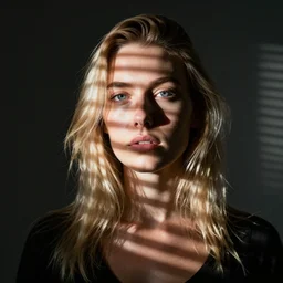 photo of a blonde woman in a dark room, lightpattern of blinds on her face