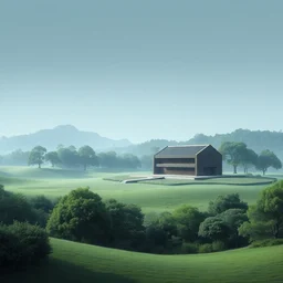 a serene landscape with a singular building in the style of sung choi.