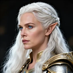 a detailed portrait profile view of with charlize theron with blue eyes with platinum blonde wavy hair with white headband with diamonds and armor in golden and silver colors, pointy ears, full body, white long hair, detailed, epic masterpiece of cinematographic hyperrealism, realistic shaded lighting poster by craig mallismo, artgerm, jeremy lipkin and michael garmash, unreal engine, radiant